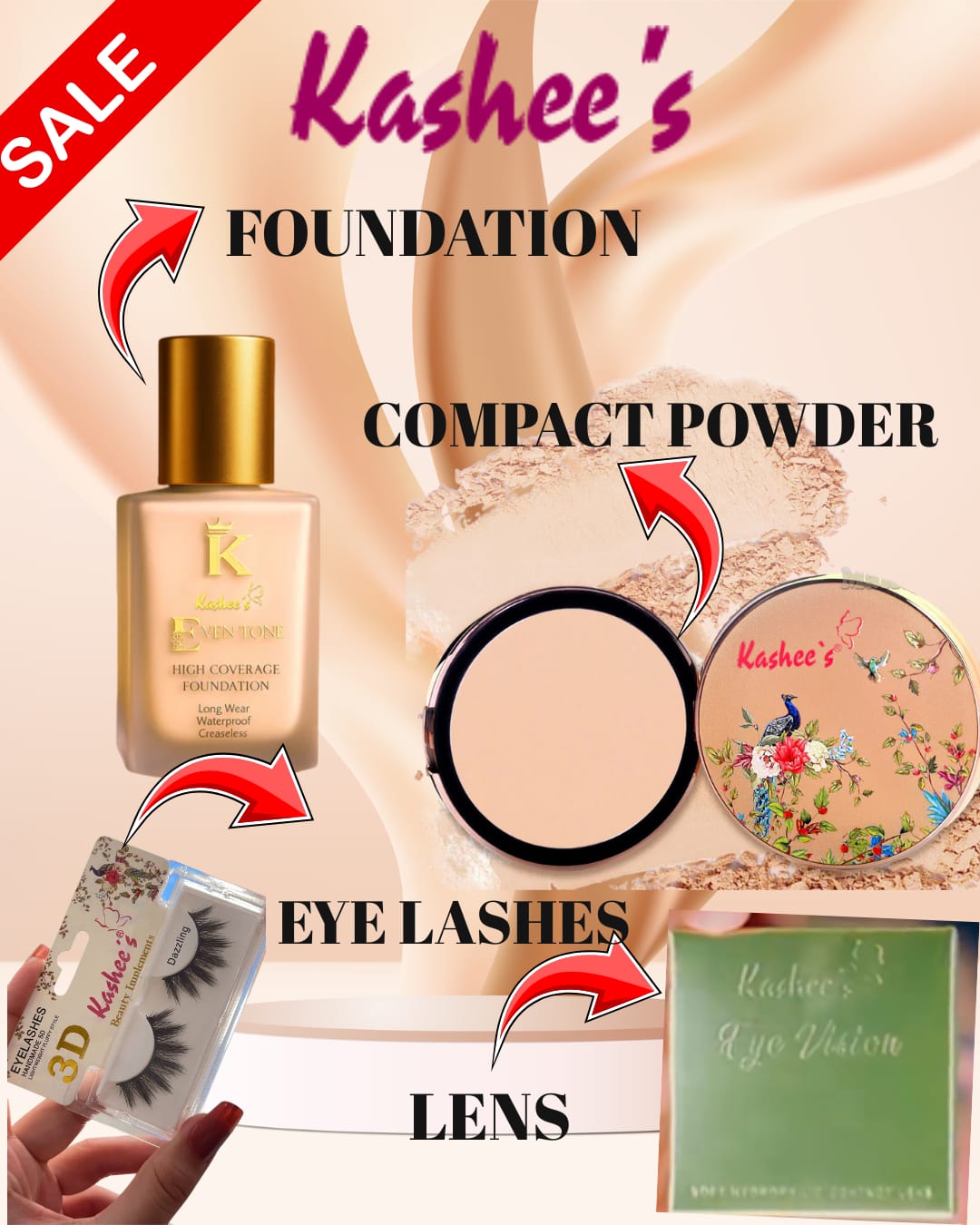 Kashee's Pack Of 4 Foundation,Compact Powder,Lens,Eyelashes