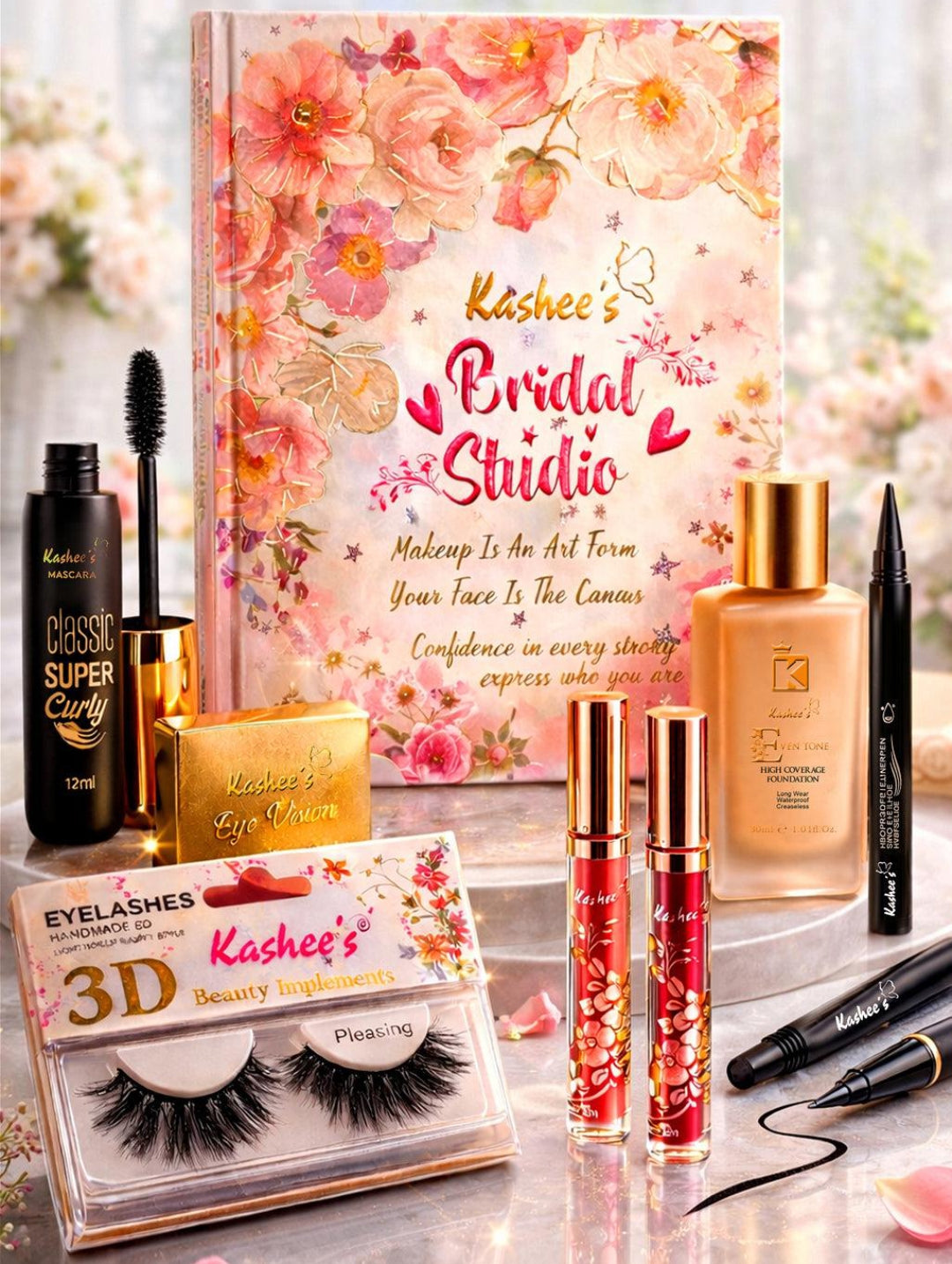 KASHEE,S BRIDAL STUDIO KIT Combo Foundation Compact Powder Eyelashes Lens Mascara Eyeliner Eye Shades Kit